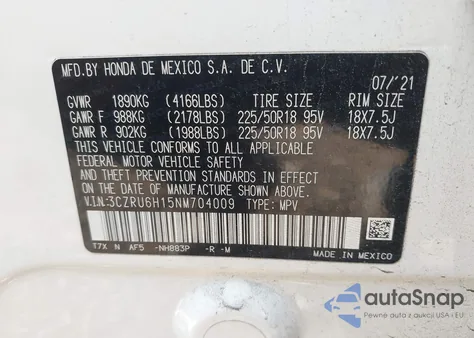 2022 Honda Hr-V Awd Sport из США, поврежденный, VIN 3CZRU6H15NM704009